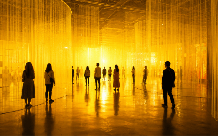 Visitantes recorren una instalación artística inmersiva dominada por tonos amarillos y cálidos que exploran la relación entre color, emoción y percepción visual