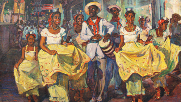 Comparsa afrocubana con músicos y bailarinas vestidas de amarillo en una pintura de Oscar García Rivera realizada hacia 1940