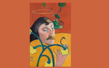 Autorretrato de Paul Gauguin de 1889 con un halo sobre la cabeza, manzanas y una serpiente entre los dedos