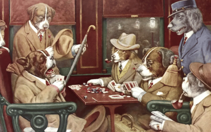 Perros jugando al póquer, obra de Cassius Marcellus Coolidge, con varios perros sentados alrededor de una mesa de cartas