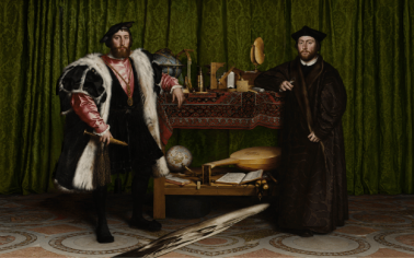 Los embajadores de Hans Holbein con una calavera deformada mediante anamorfosis en la parte inferior