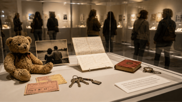 Objetos cotidianos expuestos en una vitrina de museo contemporáneo mientras varios visitantes observan la colección
