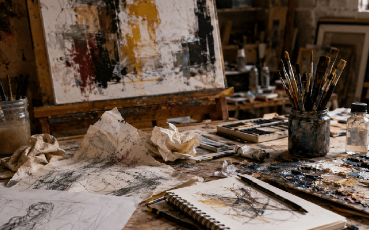 Mesa de trabajo de un artista con bocetos arrugados, manchas de pintura y materiales creativos que evocan el papel del azar en el proceso artístico