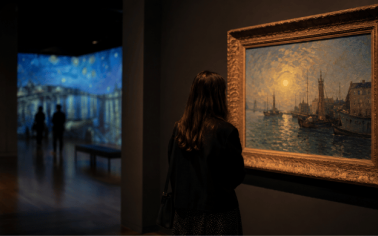 Visitante contempla una obra real en una sala de museo con una proyección inmersiva al fondo