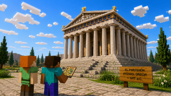 Recreación del Partenón de Atenas en Minecraft utilizada para enseñar historia del arte, arquitectura clásica y patrimonio cultural a jóvenes estudiantes