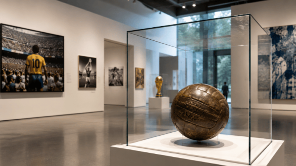 balón histórico expuesto en una vitrina dentro de un museo dedicado al arte y la cultura del fútbol