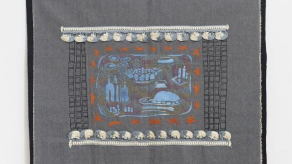  Fernando Marques Penteado, Jantar servido 01, 2017, print on jeans, braids, machine, and hand embroidery, 67 x 81 cm/ Mendes Wood DM