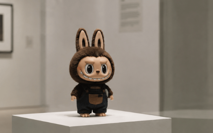 Labubu expuesta sobre un pedestal en una galería de arte contemporáne