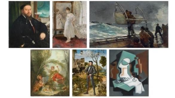 Christoph Amberger. Retrato de Matthäus Schwarz, 1542; Berthe Morisot. El espejo psiqué , 1876; Winslow Homer. La señal de peligro, hacia 1890-1896; Jean-Honoré Fragonard. El columpio, hacia 1750-1752); Vittore Carpaccio. Joven caballero en un paisaje, hacia 1505; Juan Gris. Botella y frutero, 1919. Museo Nacional Thyssen-Bornemisza.