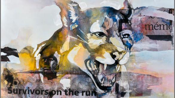 Bruce CLARKE.  Survivors on the Run.  2019 . Acrylic and collage on canvas