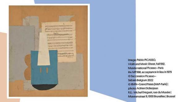 Pablo Picasso, Violin and Music Sheet, Paris, Fall 1912  Colored laid papers, white wove paper printed with musical score and brown wove wrapping paper cut and glued to cardboard, 78 × 63.5 cm.  Musée national Picasso-Paris, inv. MP368, acceptance in lieu in 1979  © Succession Picasso / © RMN-Grand Palais (MnP-Paris) / photo: Adrien Didierjean