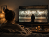 Persona viendo un documental de arte contemporáneo desde el sofá de casa en un salón con iluminación cálida y ambiente cinematográfico.