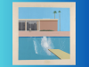 A Bigger Splash de David Hockney, con una piscina azul, un trampolín y una gran salpicadura frente a una casa de California