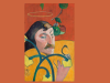 Autorretrato de Paul Gauguin de 1889 con un halo sobre la cabeza, manzanas y una serpiente entre los dedos