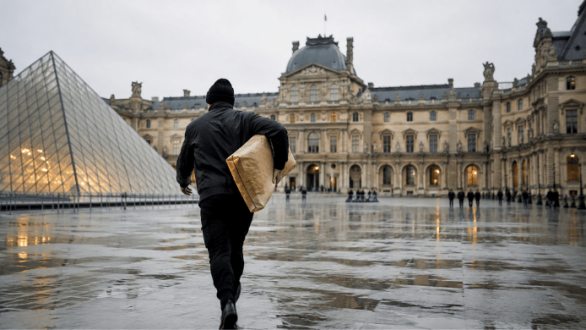 Persona alejándose del Museo del Louvre con una obra envuelta bajo el brazo en una imagen conceptual sobre los robos de arte más famosos de la historia