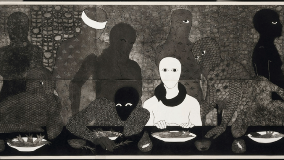 La cena, de Belkis Ayón, obra incluida en la exposición Mito y desobediencia en el MALBA de Buenos Aires.