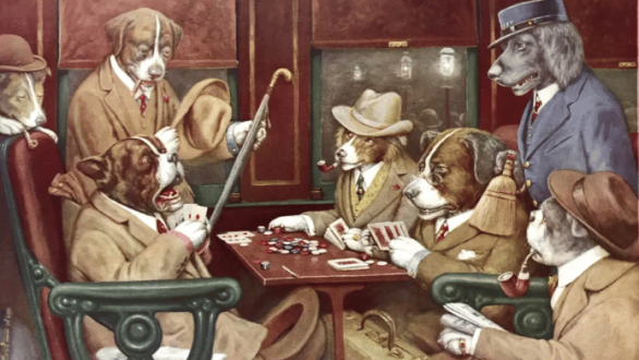 Perros jugando al póquer, obra de Cassius Marcellus Coolidge, con varios perros sentados alrededor de una mesa de cartas